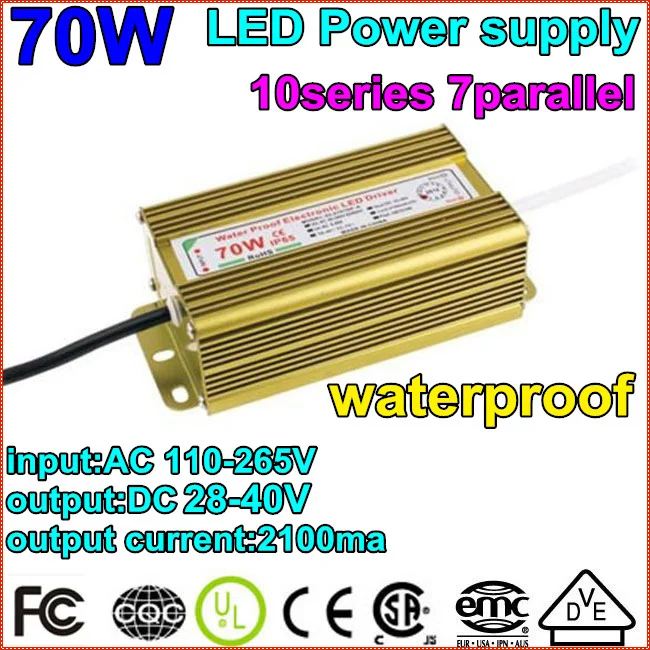 

2pcs/lot1X70W Waterproof Constant Current Driver 10series7parallet70w ball LED Driver Power Supply 85-265V to DC20-40V Wholesale