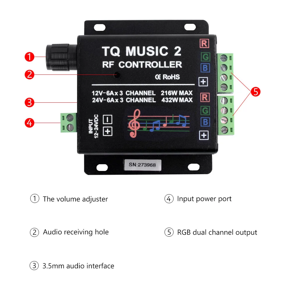 DC12V 24V 18A 6x3A TQ Music 2 RF контроллер светодиодный RGB музыкальный чувствительности звука