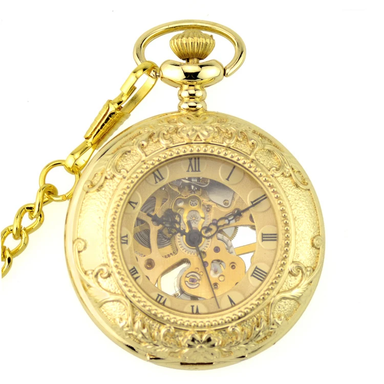 Роскошные брендовые золотые стимпанк Скелет механический карманные часы мужские антикварные ручные намотки Карманные & Fob часы цепь для