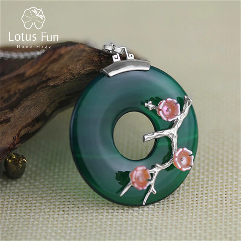 

Lotus Fun Solid 925 Sterling Silver Pendants for Women Natural Round Green Agate Stone Plum Blossom Flower Pendant without Chain