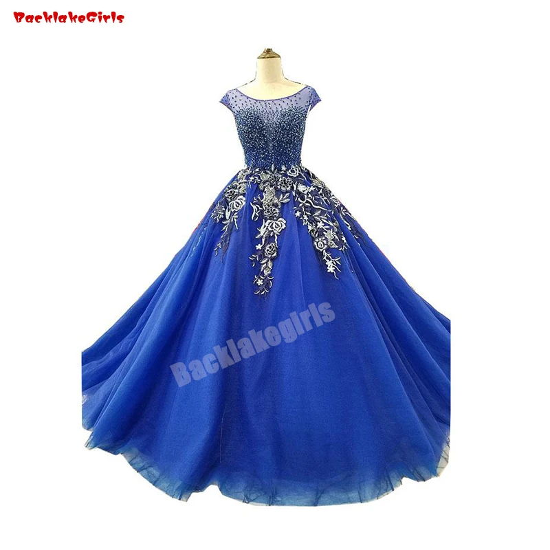 31219 свадебное платье Королевский кристалл синего цвета бисер Французский кружево Аппликация 3D цветок кружевное свадебное платье