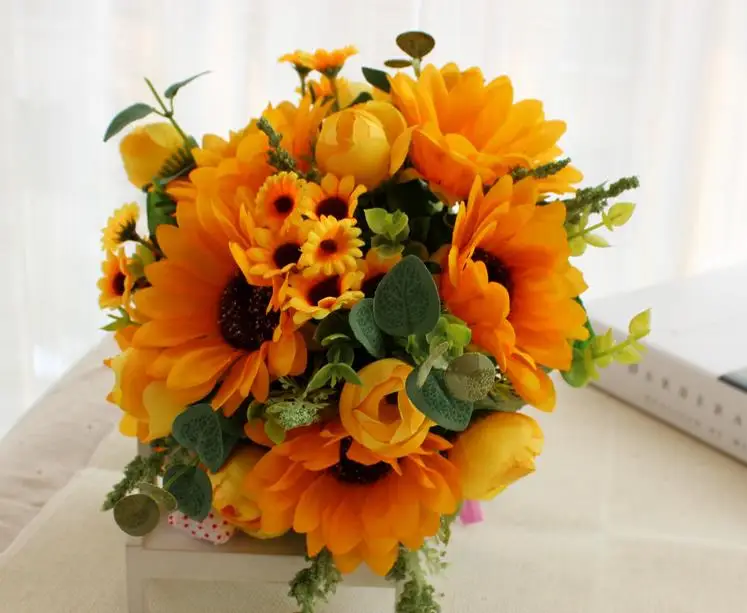 

yellow Sunflower bride holding bouquet simulation flower studio photo props