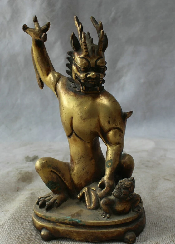 

USPS to USA S2582 8" Old Chinese Bronze 24k Gild Feng Shui Myth Spirit Dragon King Demon Statue B0401