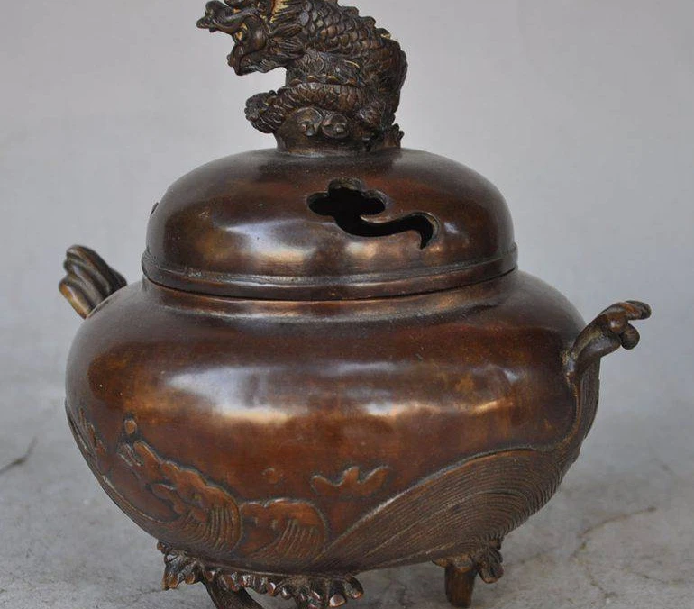 China classical Bronze Signed lucky dragon Statue incense burner Censer