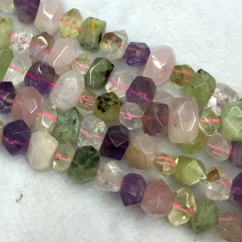 

Rose Quartz Purple Amethyst Green Prehnite Clear Rock Crystal Hand Cut Faceted Nugget Free Form Loose Mix Stone Beads 04262