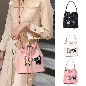 

Pink Bag bolsa feminina Women New Fashion Design Two Cat Print Bucket Bag Wild Leisure Shoulder Messenger Bag sac main femme #C