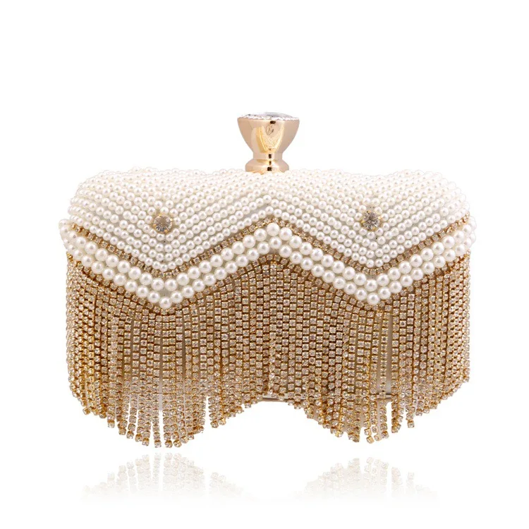 2018 Women's Vintage Evening Clutch with Beautiful Tassel and Shining Pearls, Handbags with Detachable Chain for Wedding 2018 Women's Vintage Evening Clutch with Beautiful Tassel and Shining Pearls, Handbags with Detachable Chain for Wedding