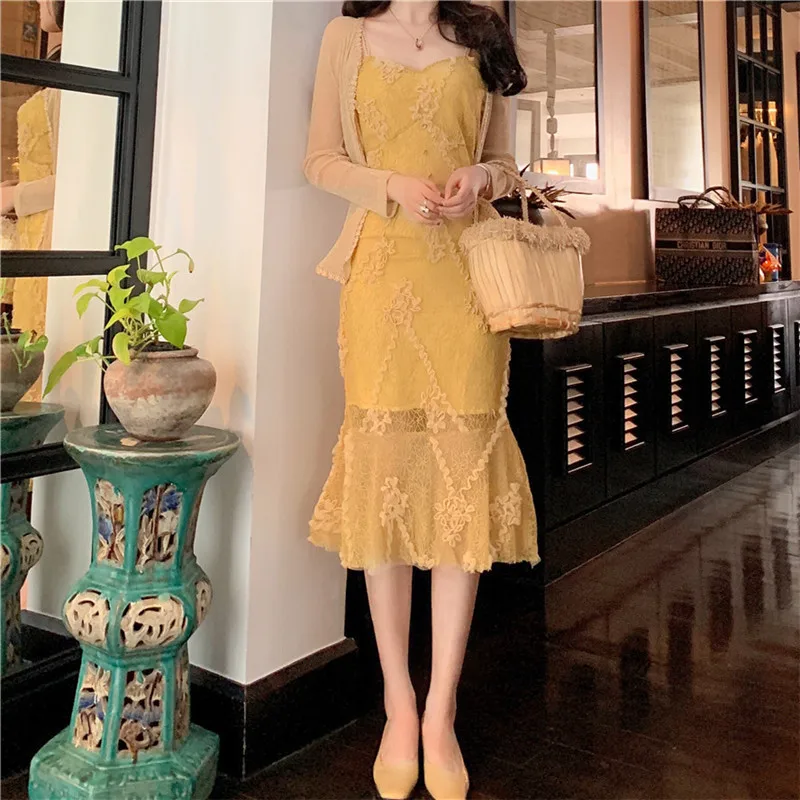 Korean Women 2 Piece Sets 2019 Sunscreen Cardigan And Lace Dress Two Summer Fashion Matching Outfits Sweet Suits | Женская одежда
