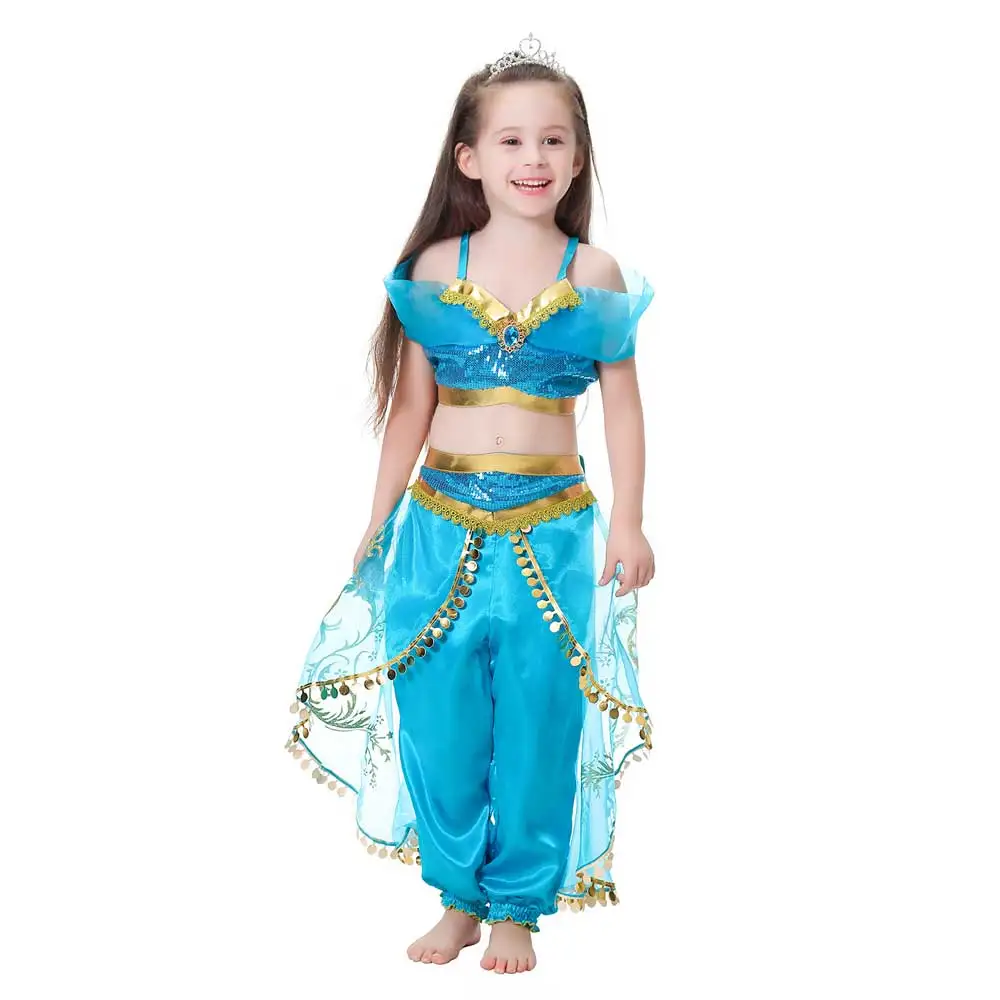 Принцесса Жасмин для девочек костюмы для детей Хэллоуин Аладдин лампа Косплей вечерние индийская принцесса танцевальный костюм