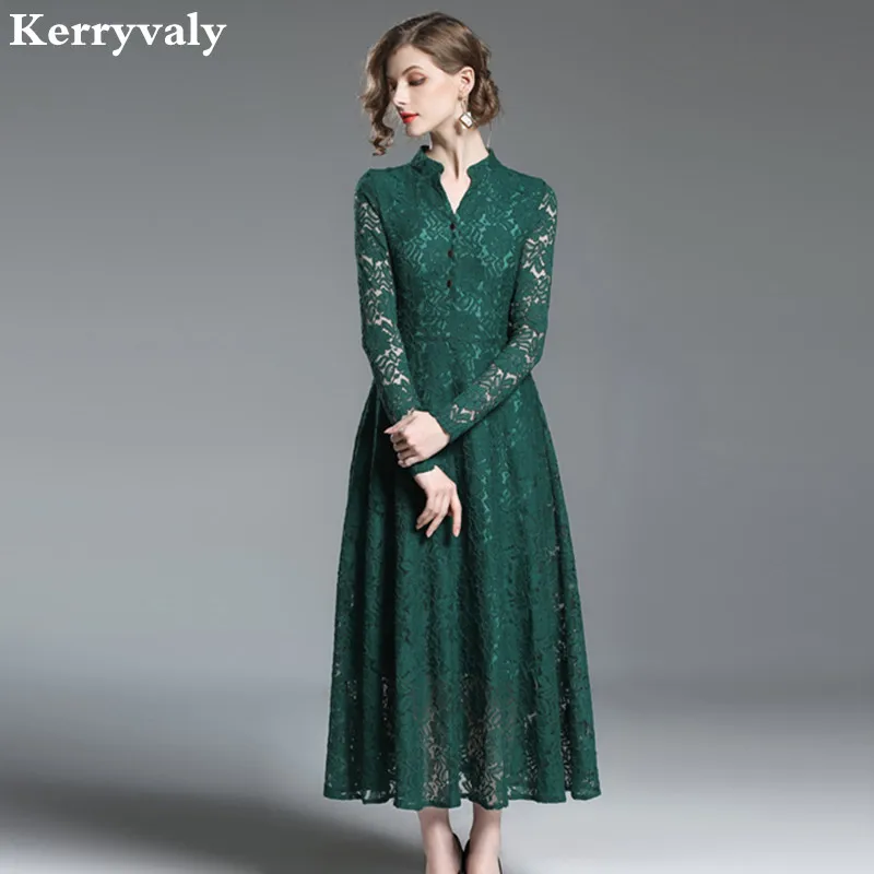 

Autumn Long-sleeved Green Lace Dress Women Long Designer Dresses Runway 2019 High Quality Party Maxi Dress Zomer Jurk K3861