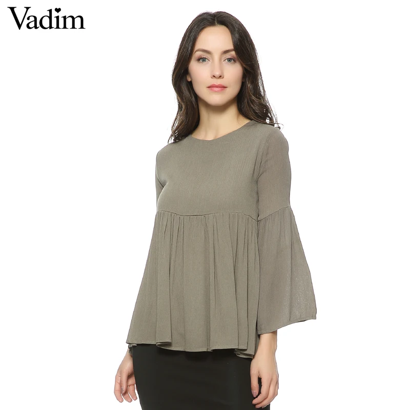 Женская плиссированная баска с рукавами фонариками О образным вырезом