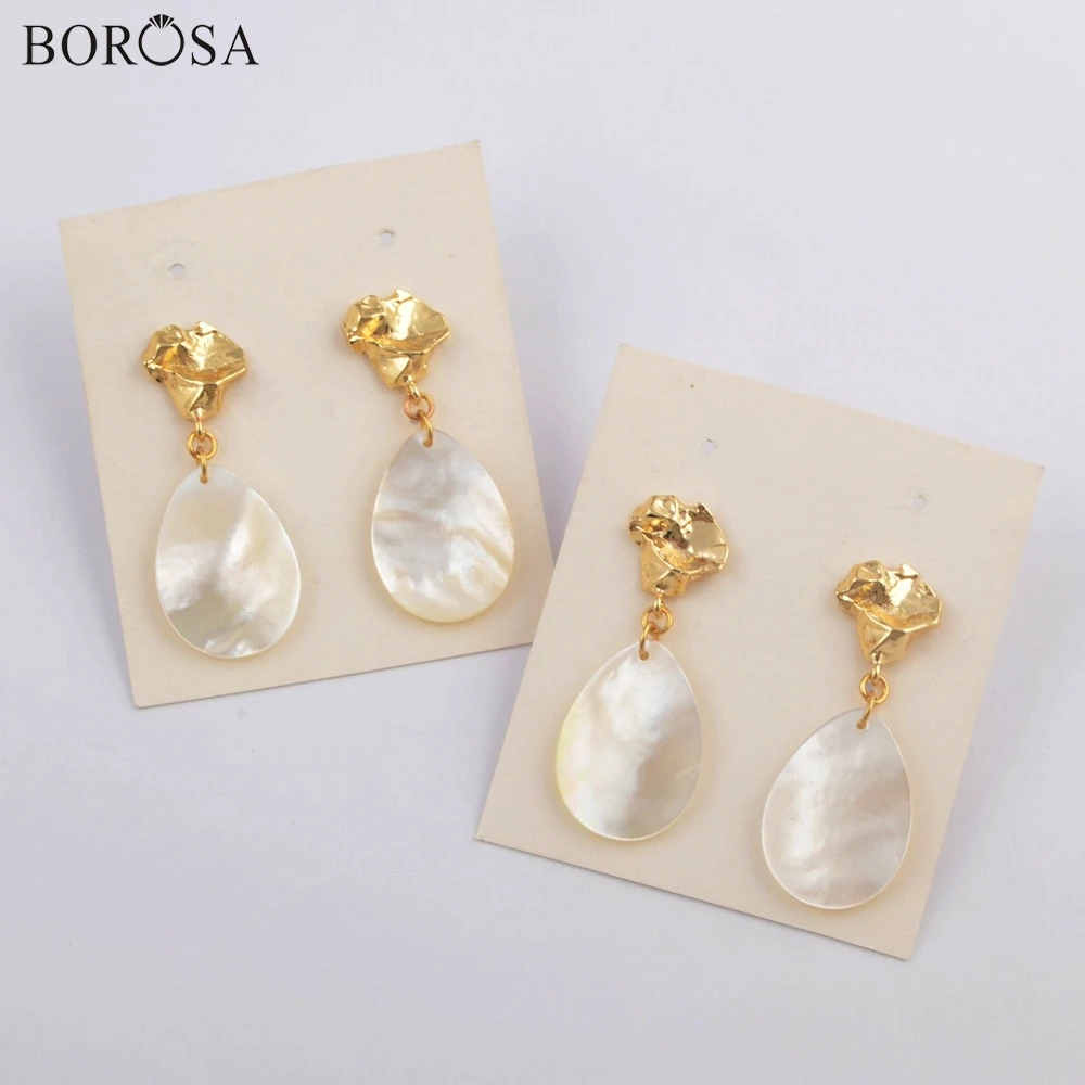 BOROSA Design 5/10Pairs Gild Teardrop Shape White Shell Slice Drop Earrings Boho Pearl & Shell Earrings Jewelry as Gifts G1793