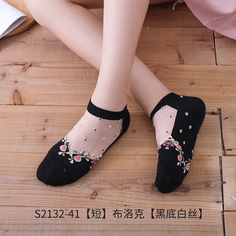 

5 Pairs/lot Women Socks Crystal Silk Flower Cartoon Pattern Boat Sock for Summer Invisible Casual Girl Funny Short Socks Cat