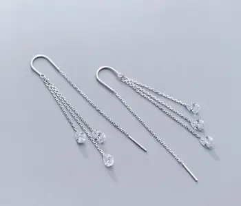 

THIN Real. 925 Sterling Silver jewelry White Zirconia crystals Tassel Threader Dangle Earrings Tassel jewelry GTLE2585