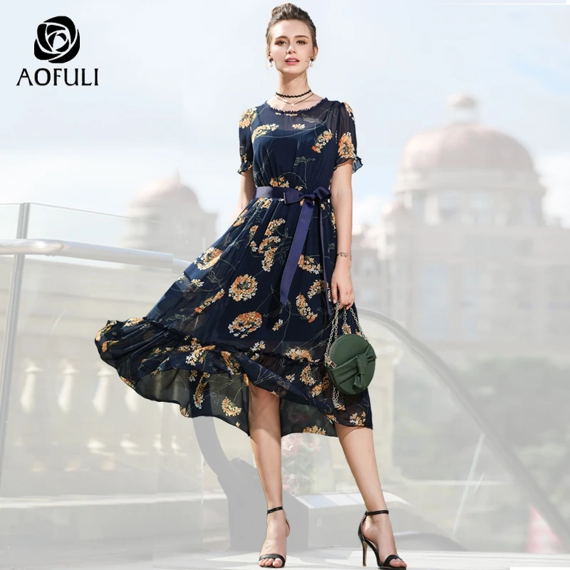 L/XL/2XL Bohemian Flower Print Dress Plus Size Women Chiffon Dress Summer Ruffles Short Sleeve Midi dress AOFULI A3562