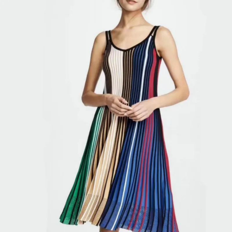 

Runway Women Colorful Striped Knitted Dresses Sexy Strap Super Elastic Ladies Bohemian Hollow Out Dress High Quality Vestido Hot