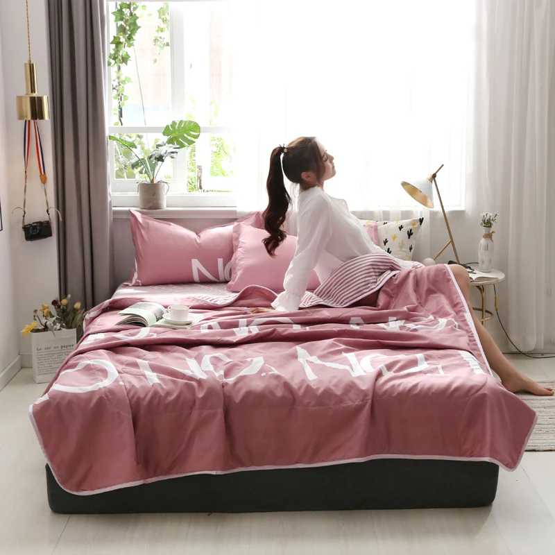 

4 Pcs Summer Quilt Bedding Sets Bed-sheet Air-Conditioning Pillowcases Summer Cool Blanket Pink Alphabet Picture