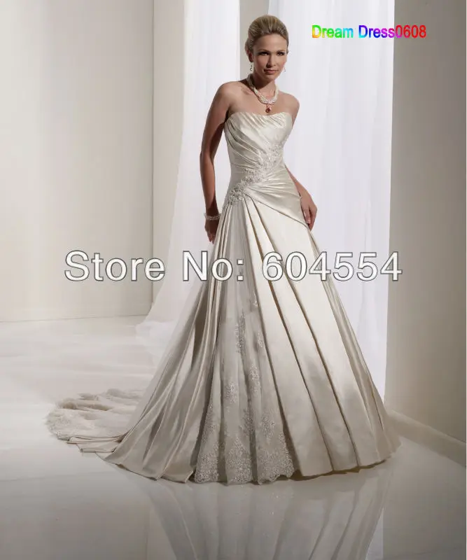Free Shipping Top Quality New Custom made Ivory Satin Lace Applique Beading Pleat Strapless A-Line Wedding Dress Bridal Gown | Свадьбы и