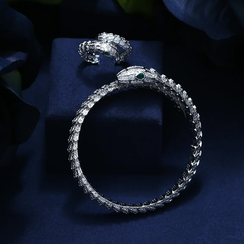 

New Arrival Fashion Luxury Snake Shiny AAA Cubic Zirconia Women Bracelet Bangle And Ring Set with free shipping