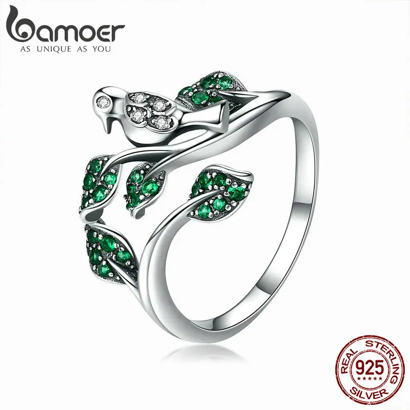 

BAMOER Silver Leaf Ring 925 Stelring Silver Green CZ Crystal Leaf Bird Open Size Rings for Women Big Size Korean Jewelry GAR009