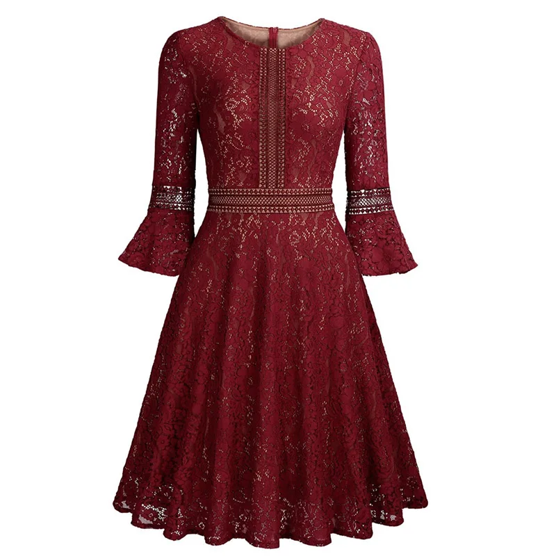 Для женщин Full Lace Винтаж платье Контрастность 3/4 Flare рукавом 50 s 60 Pin up качели осень