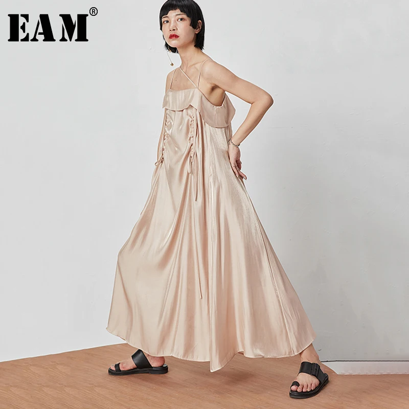 

[EAM] 2019 New Spring Summer Strapless Sleeveless Long Drawstring Loose Pleated Backless Big Hem Dress Women Fashion JY398