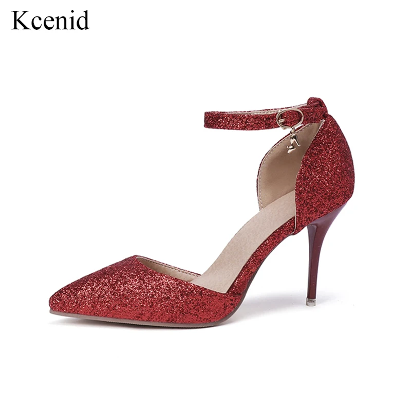 

Kcenid Bling bling women wedding shoes pointed toe silver red dress shoes woman high heels glitter pumps party shoes spring 2019