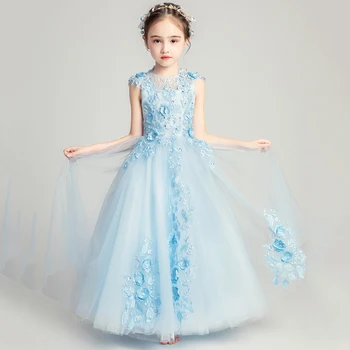 

Sleeveless First Communion Dresses Kids Mesh Dress O-neck Lace Prom Gowns Flower Girl Wedding Pageant Rhinestone Ball Gown