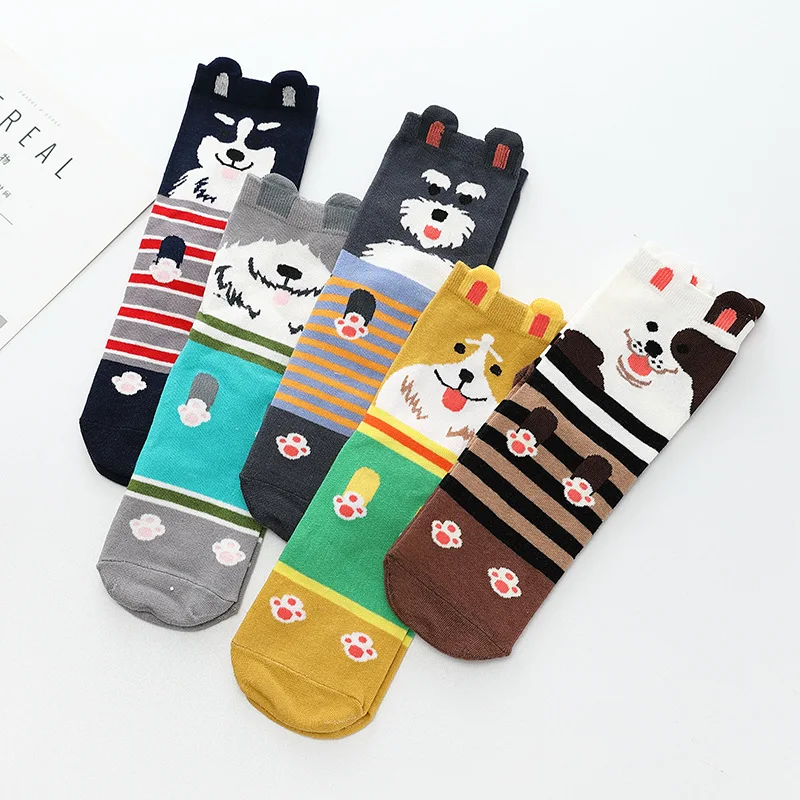 

Old English Sheepdog cartoon animal socks Schnauzer Siberian Husky cute funny striped women spring autumn breathable cotton sock