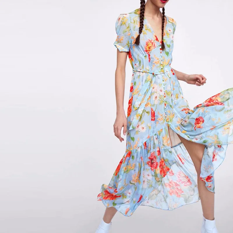 

Ukraine Dress Women Longo Top Fashion Polyester Dress Vadim 2018 Summer New Printed Garden Single-breasted Slim Long Female