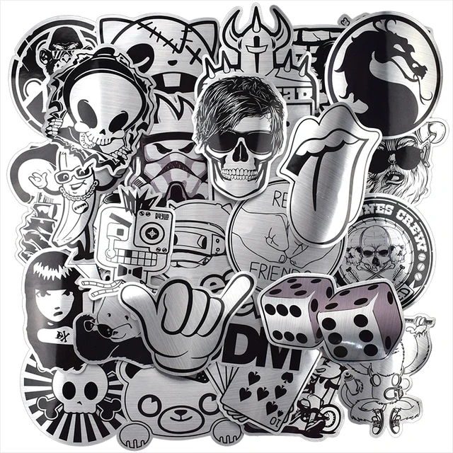 Hot Sale 50 Pcs Metallic Black and White Stickers Graffiti Sticker for Laptop Luggage Car Styling Wall Guitar Cool Stickers 2