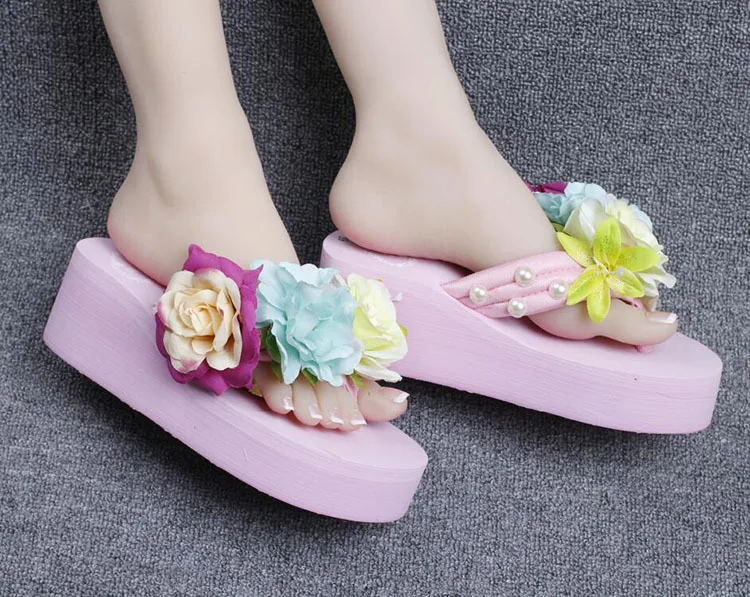 2019 New Flowers Beach Handmade Flip Flops Slippers Online Fashion High Heel Sandals Pink Shoes Womens52