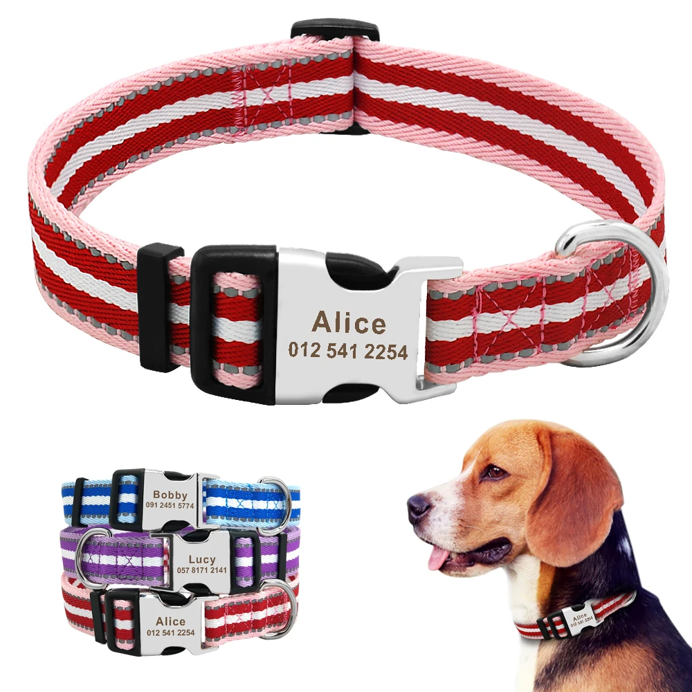 

Reflective Nylon Dog Collar Personalized Pet Collars Pitbull Pug Anti-lost ID Tag Nameplate For Small Medium Large Dogs