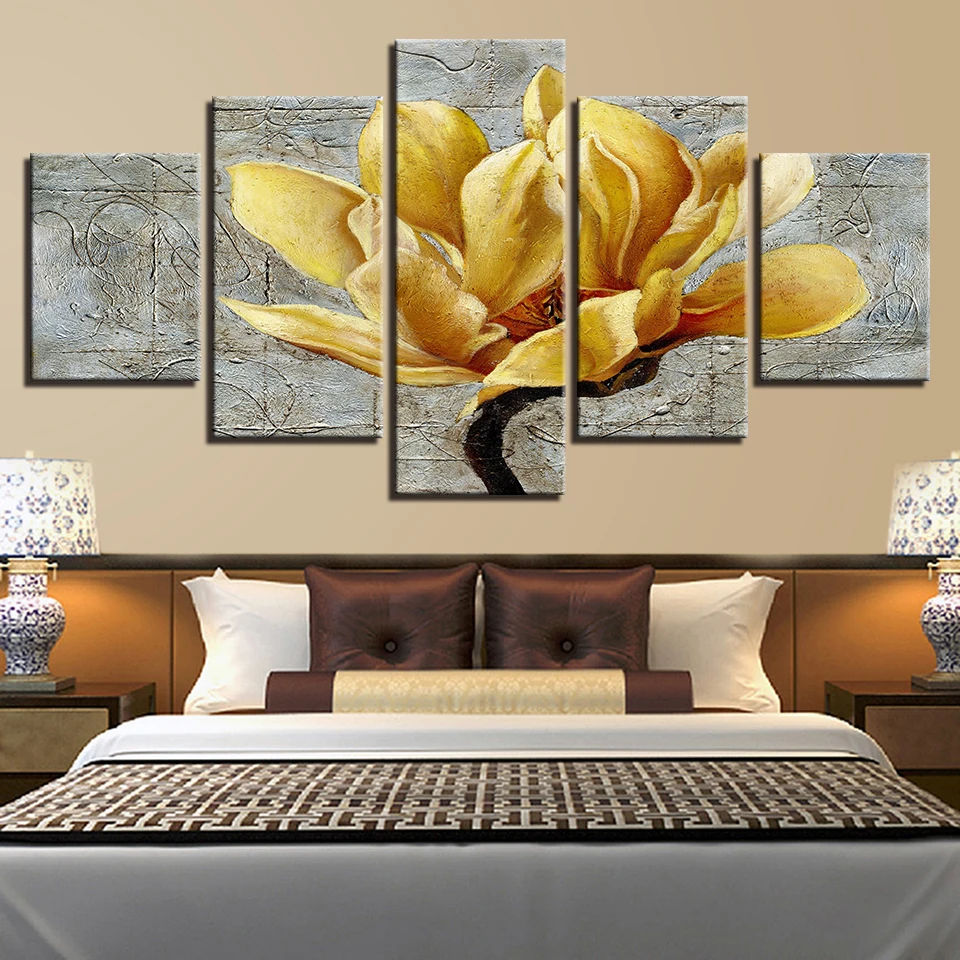 

Canvas HD Prints Pictures Home Decor Framework 5 Pieces Golden Yellow Flowers Paintings Gold Orchid Posters Living Room Wall Art