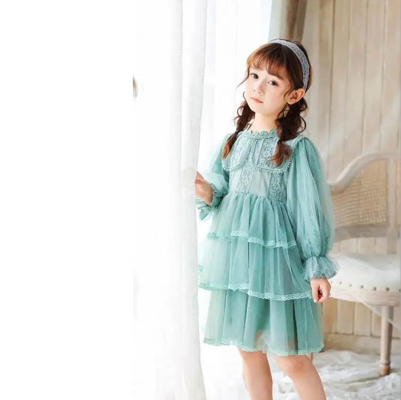 Кружевное нарядное платье для девочек г. Осенние детские платья принцессы модные высококачественные милые платья для малышей Одежда для девочек - Цвет: Небесно-голубой
