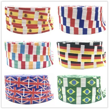

10yard 8 Countries Flags Printed Fold Over Elastic Spain French Netherlands England Germany Brazil Flag FOE Ribbon for Word Cup
