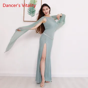 

Wine red / Pink / light blue Women Belly Dance Long Skirt Competition Dress Sexy Ribbon Dance Practice Clothes Split Long Skirt