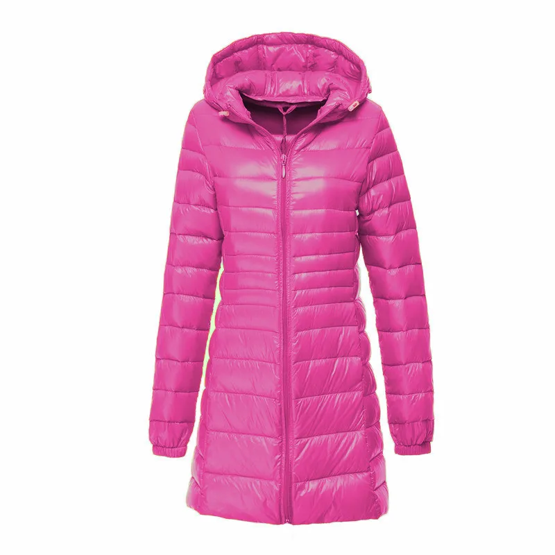 Женские теплые куртки на утином пуху, новинка, осенне-зимнее пальто, женская длинная парка, ультра-светильник, пальто для девушек, с капюшоном, 6XL, 7XL, парки для женщин - Цвет: rose red