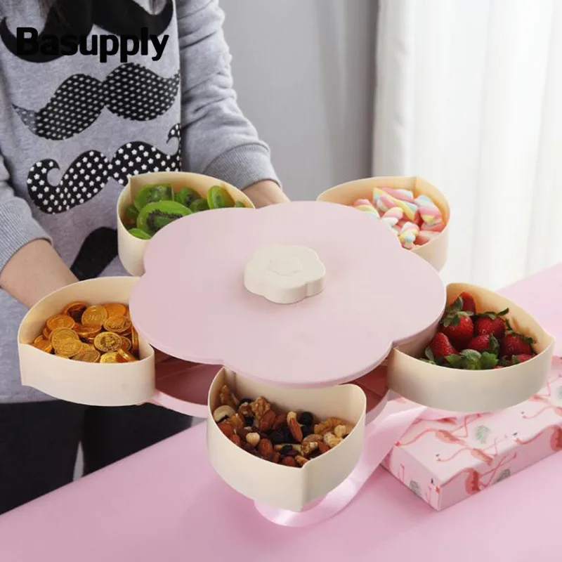 

2019 New Rotating Fruit Storage Box Petal Fruit Plate 5 Grids Nut Snack Candy Storage Box Fruit Container Jewelry Organizer