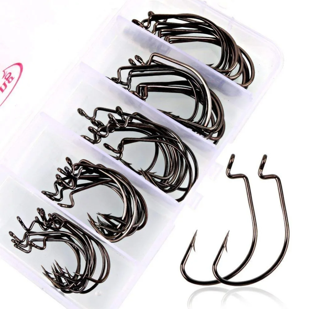 

50Pcs/Set Barb Fish Hooks Superline Worm Hooks Jig Circle Fishing Hooks Soft Bait Texas Rig Wide Gap High Carbon Steel Hooks