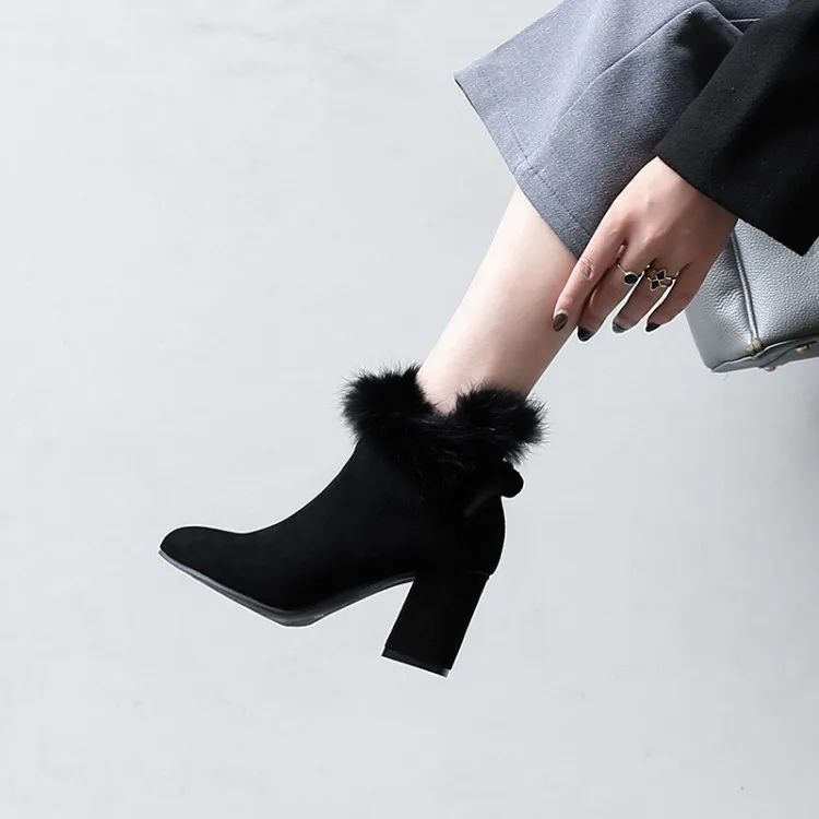 Womens Pointed Toe Booties Shoes Korean Bow Thick High Heel Large Size Fashion Ankle Boots Black Khaki Grey24