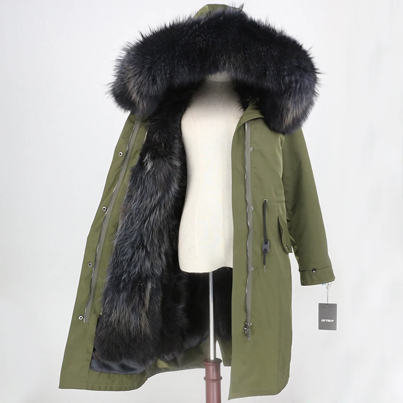 x-long green grey Натуральный мех пальто зимняя куртка женская длинная парка водостойкий большой натуральный енот меховой капюшон, воротник толстый теплый натуральный Лисий Мех Лайнер - Цвет: x-long green grey