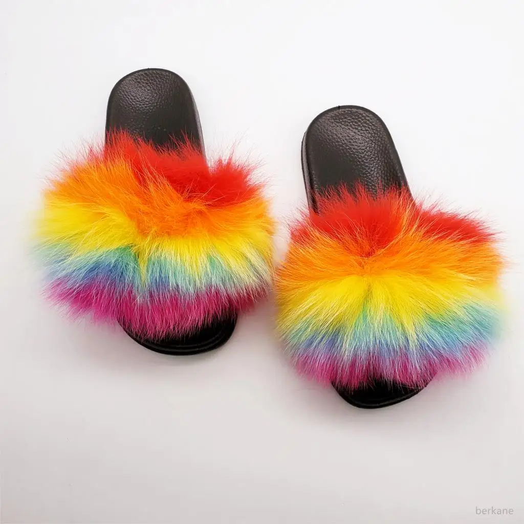 Лисьи тапочки для малышей; детские летние цветные шлепанцы с разноцветным мехом для дома; шлепанцы для девочек; пушистые милые туфли на плоской подошве с енотом; модная обувь для мальчиков - Цвет: rainbow