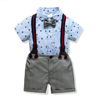 

Baby Boys 9M-2Y Summer Short Sleeve Triangle Shirt & Short Bib Pant & Bow Tie Bebes Clothing Set Gentleman Shirt Rompers Suits