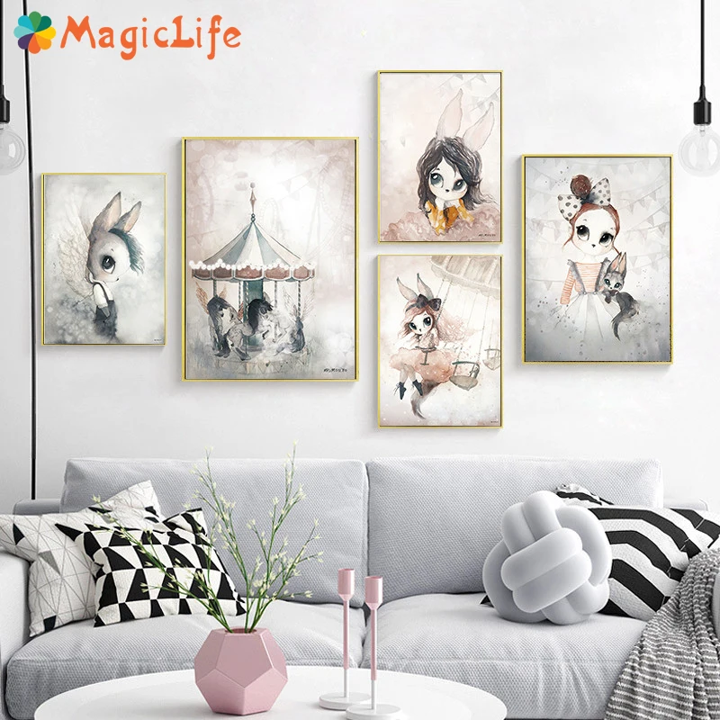 

Art Rabbit Girl Animal Abstract Kid Decor Wall Art Canvas Painting Poster Wall Pictures For Living Room Art Prints