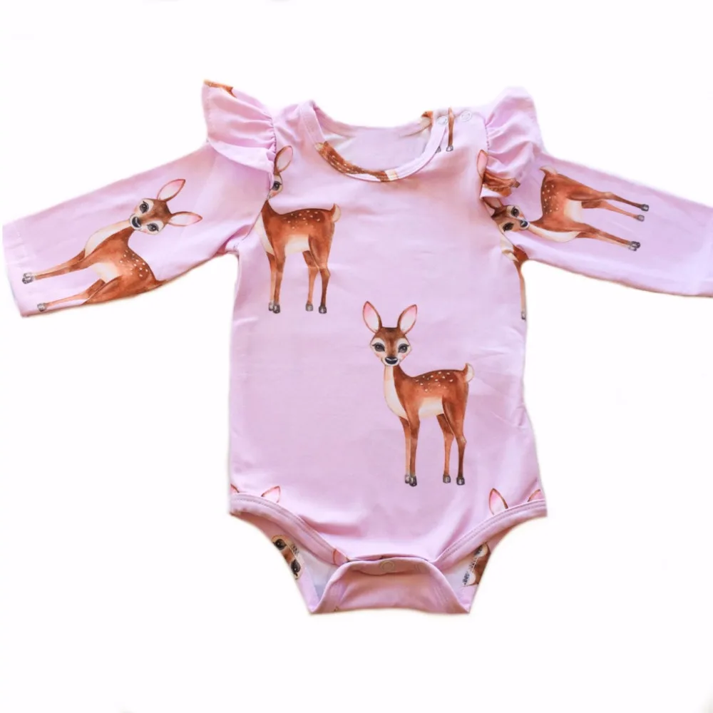 Newborn Onesie Sika Deer Print Pink Ruffle Long Sleeve Baby Girls