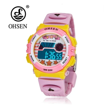 

OHSEN Fashion Digital Quartz Children Kids Sport Wristwatch LCD Display 50M Waterproof Alarm Date Clocks Pink Girls Gift Watches