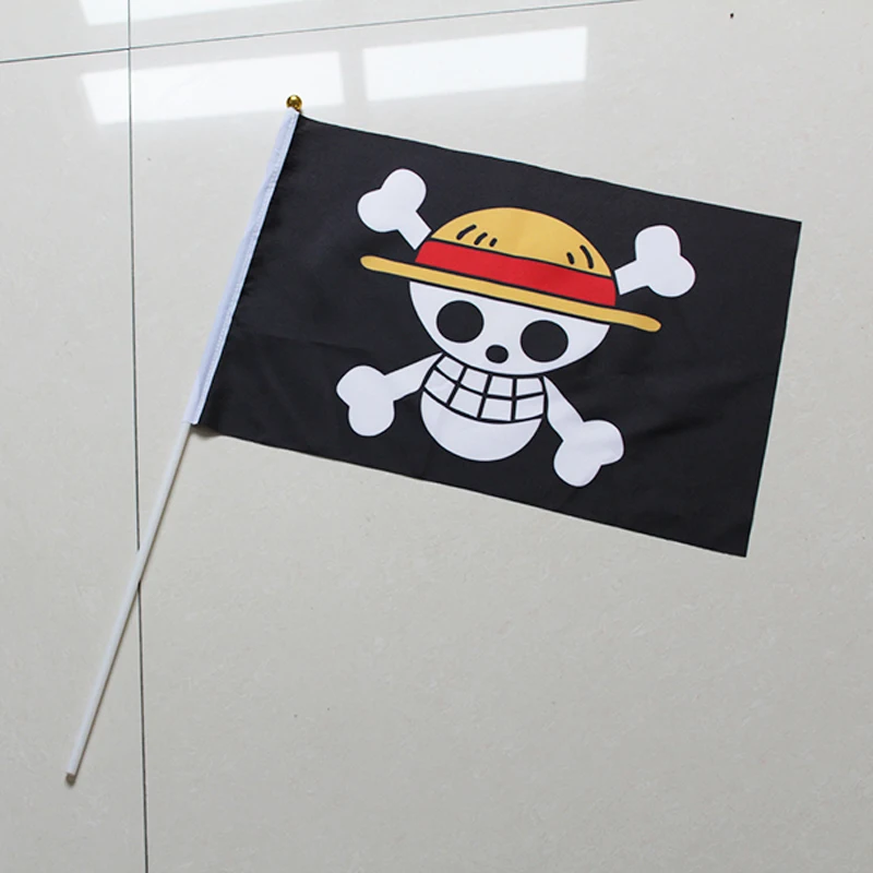 

custom 1 dozen 12 pieces 100% polyester ONE PIECE skull Luffy hand flag with plastic flagpole size 20x30cm