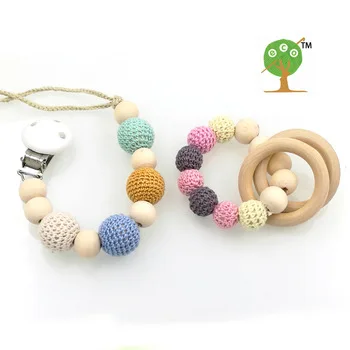Retail nursing toy set pastel Natural Baby pacifier clip a  Dummy holder Crochet wooden beaded new mommy gift NT129