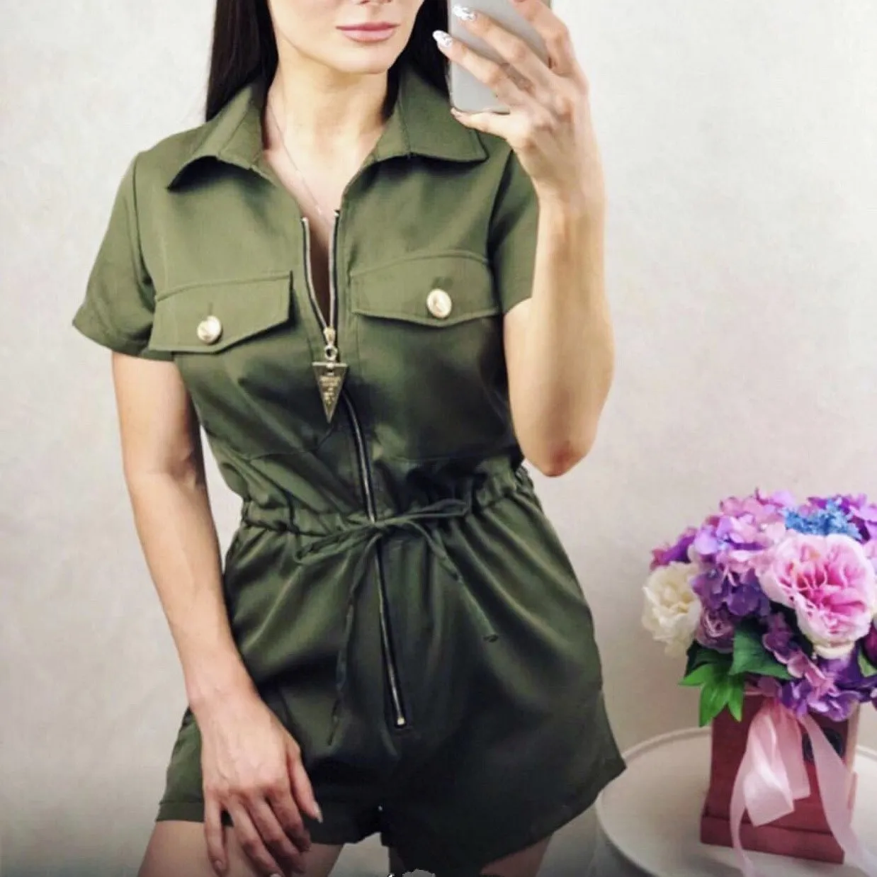 Сексуальный женский модный Облегающий комбинезон с коротким рукавом армейский зеленый однотонный Повседневный боди дамское винтажное боди-трико